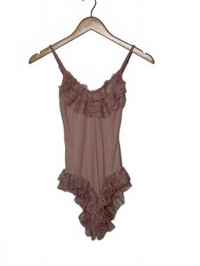 Vintage Pink Lace Ruffle Trim Sheer Bodysuit